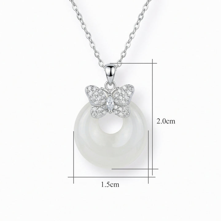 925 Sterling Silver Elegant Butterfly & White Jade Donut Pendant Necklace