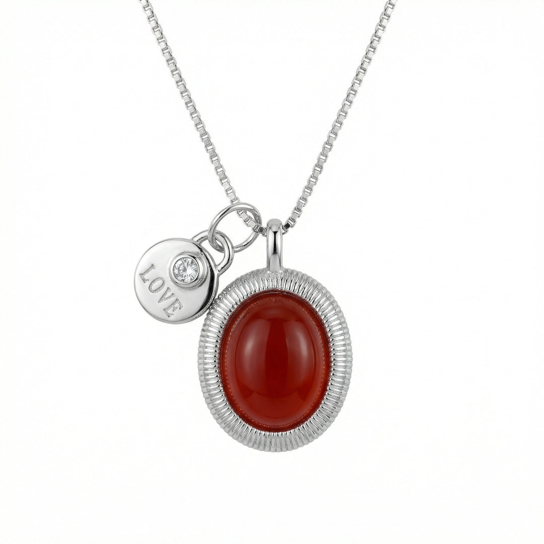 925 Sterling Silver Silver Necklace with Oval Red Gemstone and "LOVE" Engraved Disc Pendant