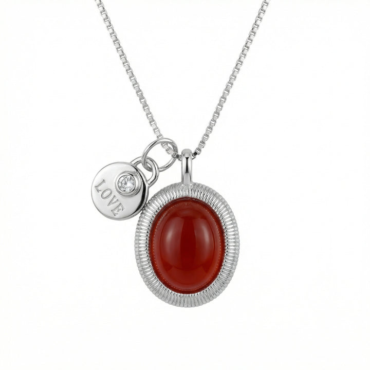 925 Sterling Silver Silver Necklace with Oval Red Gemstone and "LOVE" Engraved Disc Pendant