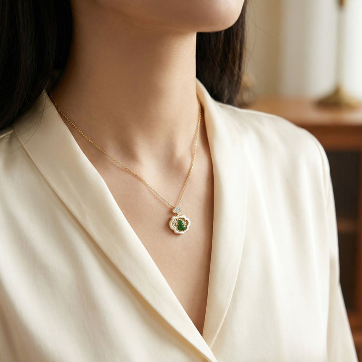 925 Sterling Silver Elegant Nephrite Jade Gourd Pendant with Diamond Cloud and Mother-of-Pearl