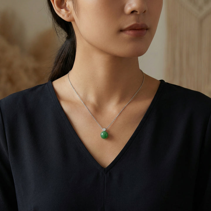 925 Sterling Silver Round Green Jade Orb Pendant Necklace with Diamond Accent