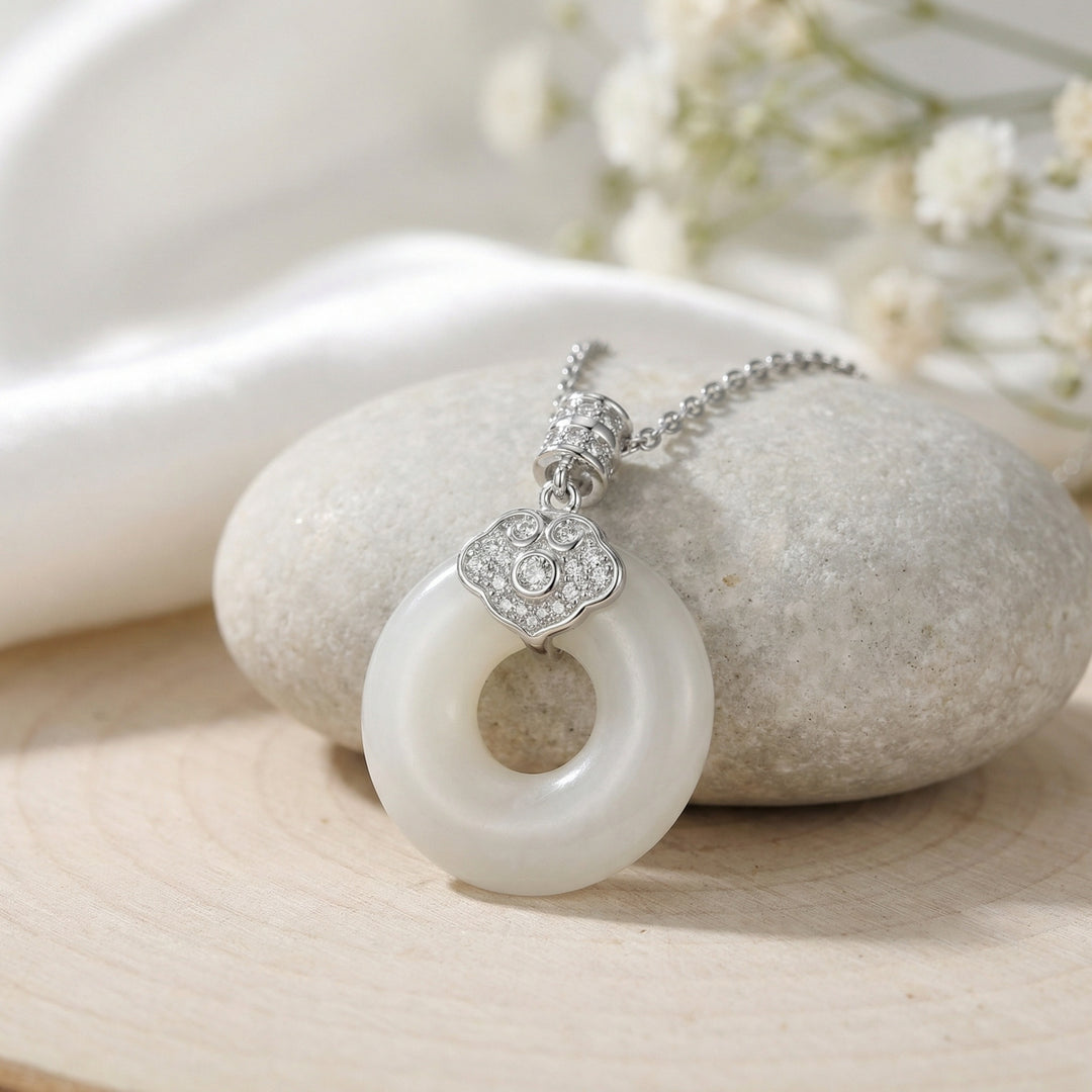 925 Sterling Silver White Jade Donut Necklace – Diamond-Accented Bail Pendant