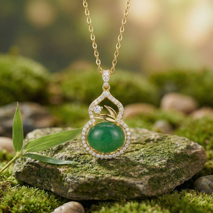 ✨ 925 Sterling Silver Elegant Jadeite Gourd Necklace with Diamond Accents & Auspicious Coin Motifs ✨