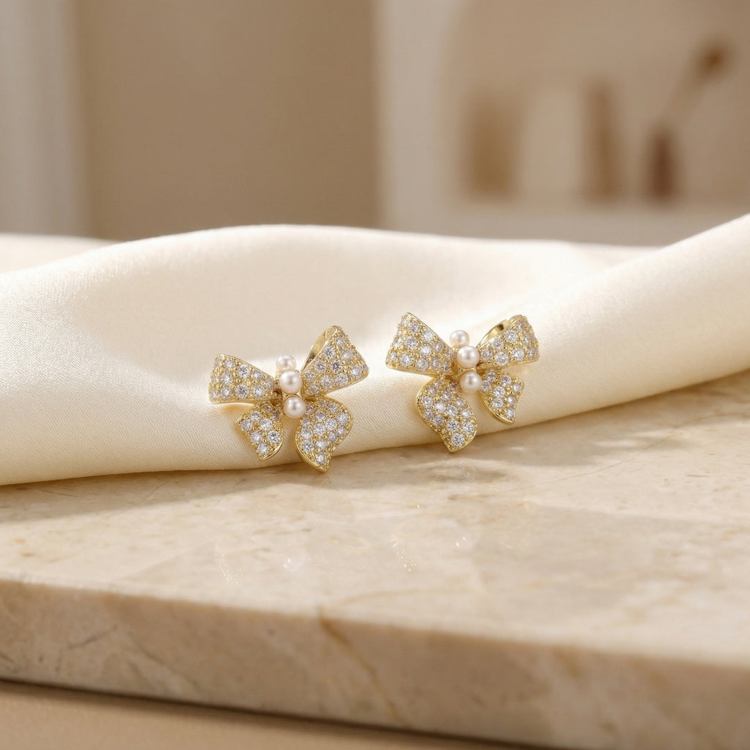✨ 925 Sterling Silver Butterfly Stud Earrings with Pave Crystals & Trio Pearls ✨