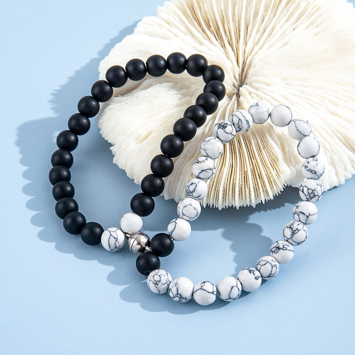 Black & White Frosted Stone Magnetic Bracelet – Minimalist Elastic Design