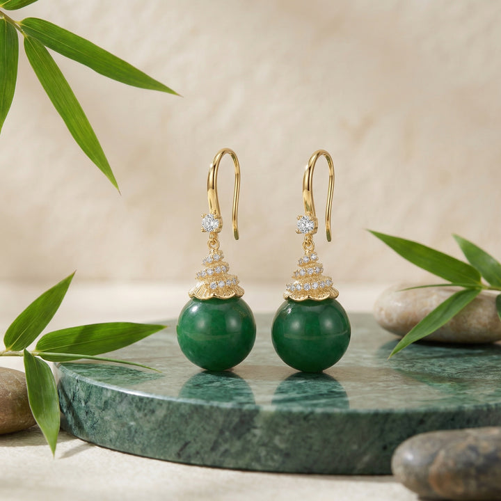 925 Sterling Silver Green Gemstone Drop Earrings with Crystal-Accented Decorative Caps
