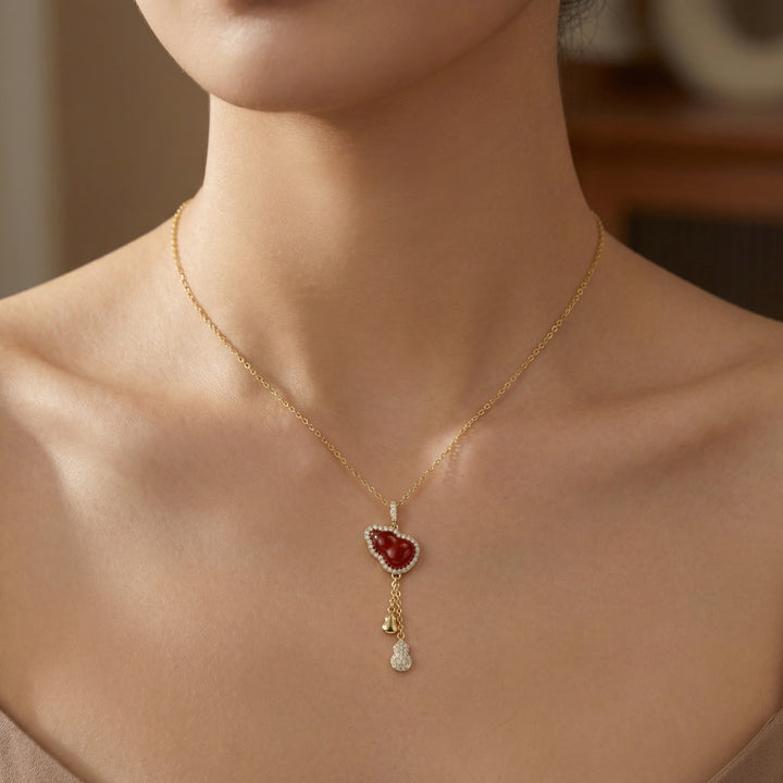 ✨ 925 Sterling Silver Red Carnelian Gourd Necklace with Sparkling Accents and Charms ✨