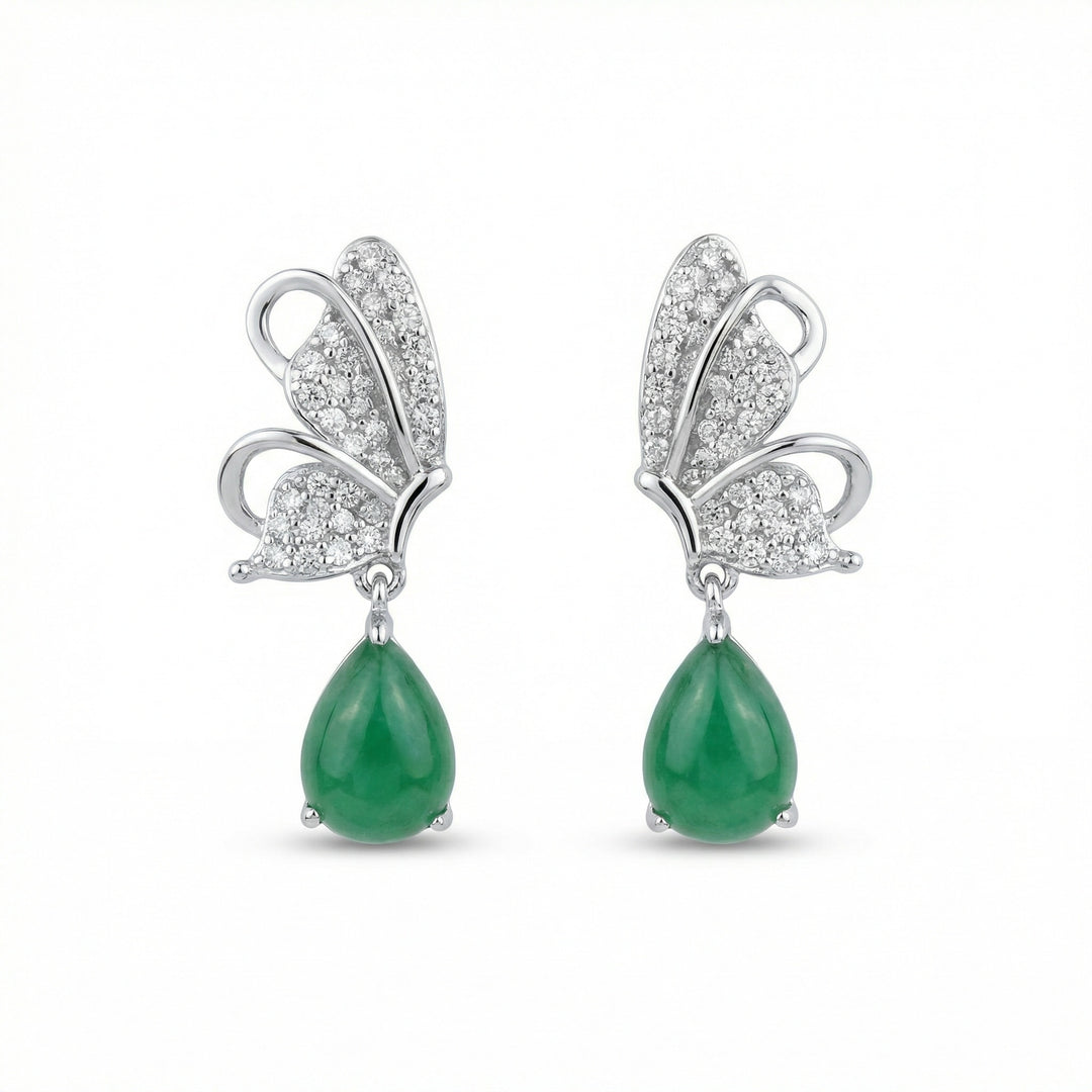 925 Sterling Silver Elegant Butterfly Drop Earrings with Green Teardrop Gemstones