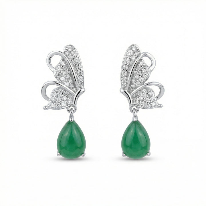 925 Sterling Silver Elegant Butterfly Drop Earrings with Green Teardrop Gemstones