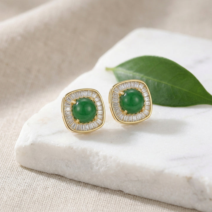 925 Sterling Silver Square Green Jadeite Stud Earrings with White Baguette Halo