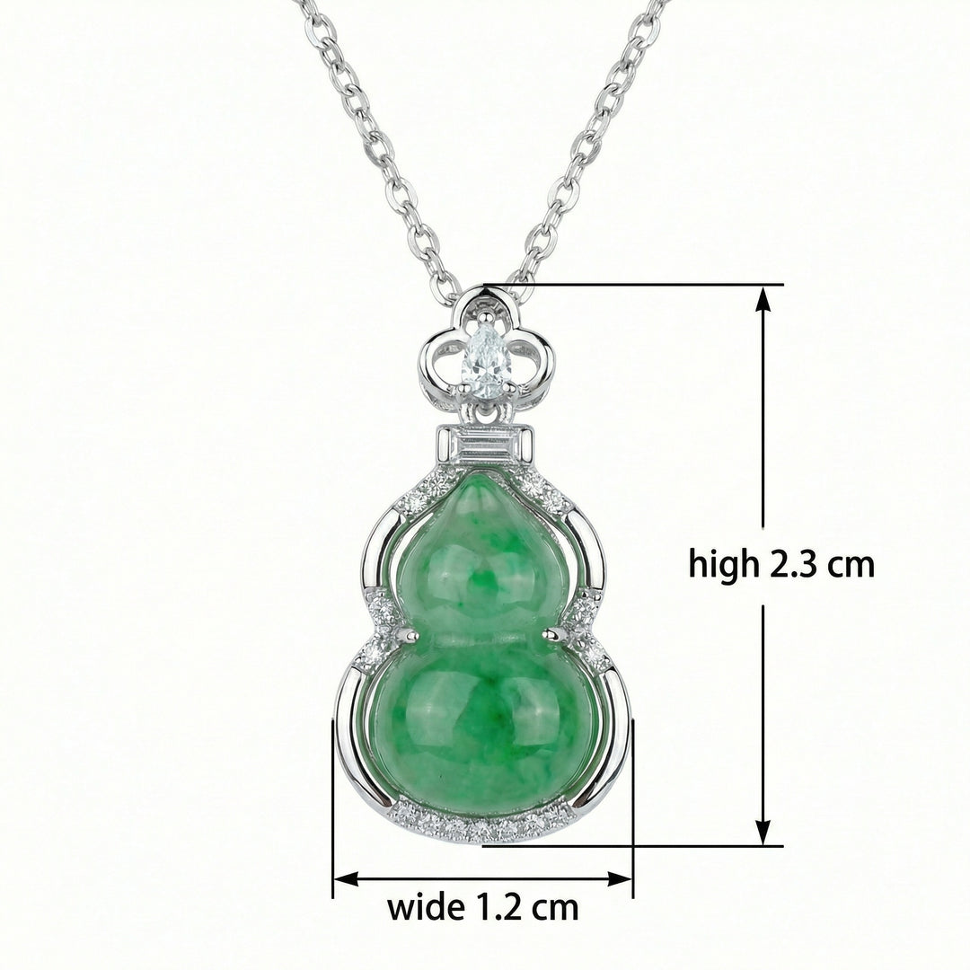 925 Sterling Silver Green Jadeite Hulu Gourd Pendant Necklace with Sparkling Diamond Accents