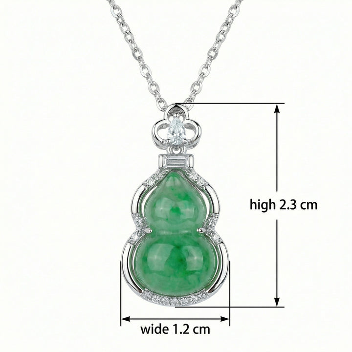 925 Sterling Silver Green Jadeite Hulu Gourd Pendant Necklace with Sparkling Diamond Accents