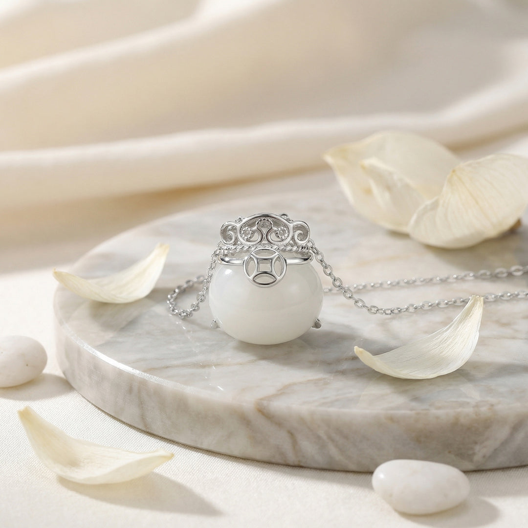 925 Sterling Silver Translucent White Bead Necklace – Elegant Lucky Coin Pendant