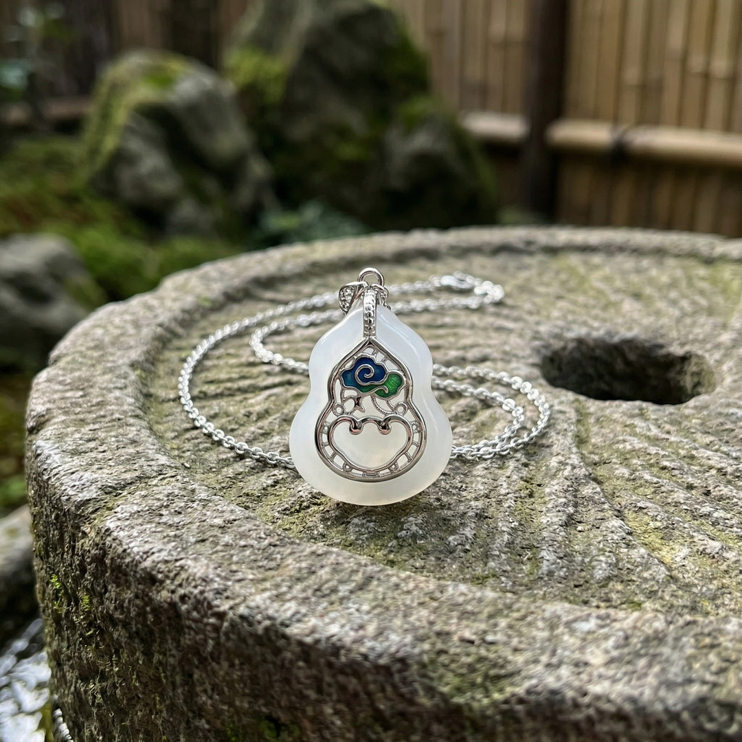 925 Sterling Silver Elegant Gourd Pendant Necklace with White Jade and Enamel Inlay