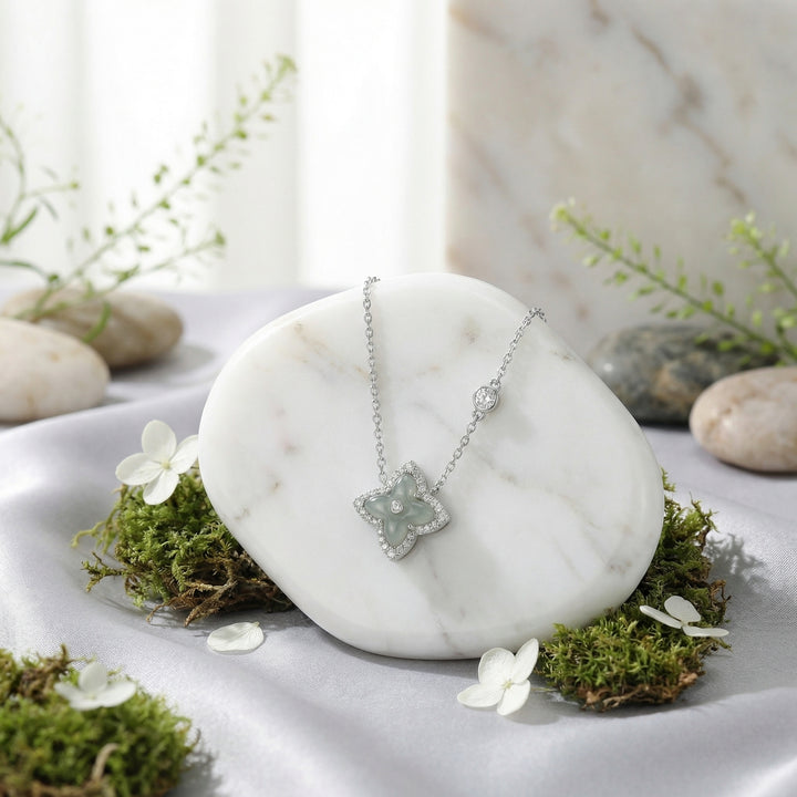 925 Sterling Silver Elegant Quatrefoil Grey Jade and Diamond Halo Pendant Necklace with Bezel-Set Station
