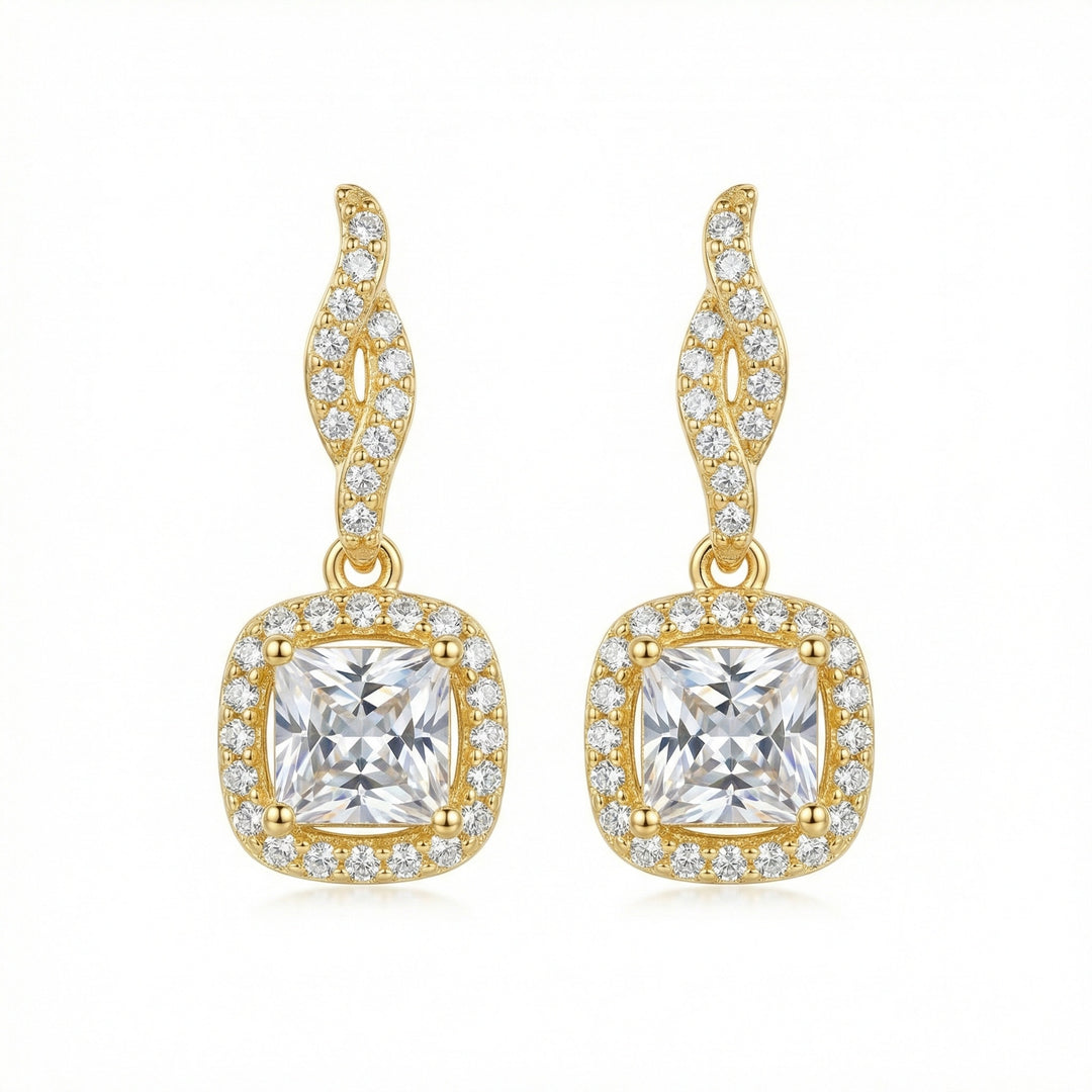 ✨ 925 Sterling Silver Princess Cut Square Halo Drop Earrings with Twisted Pavé Post