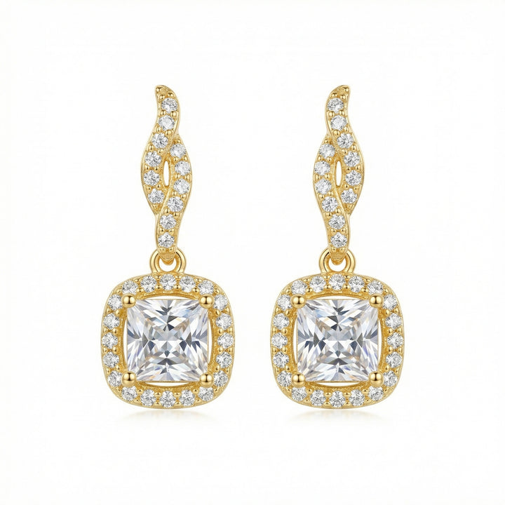 ✨ 925 Sterling Silver Princess Cut Square Halo Drop Earrings with Twisted Pavé Post
