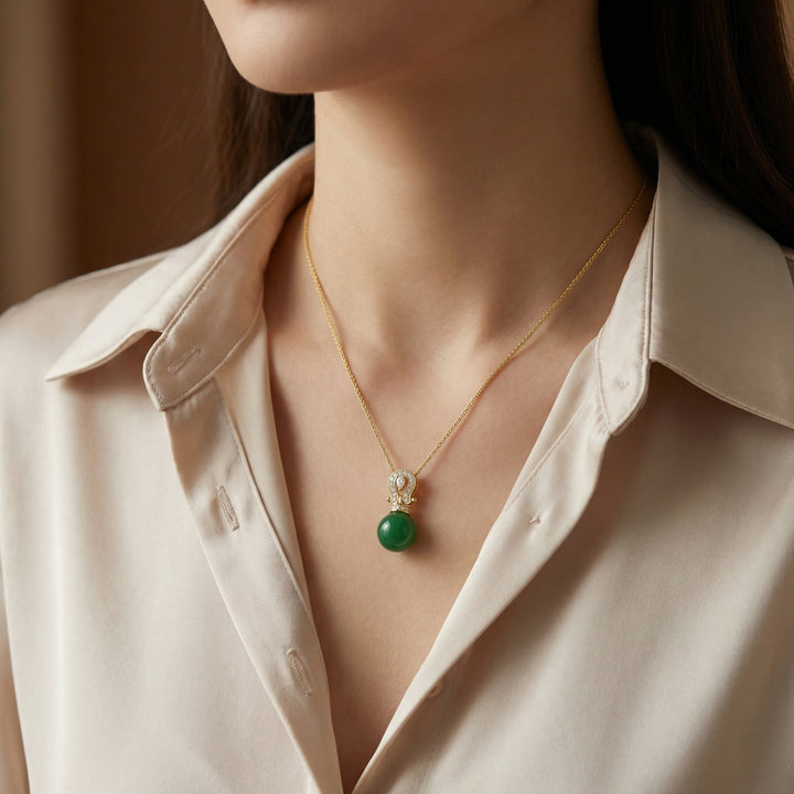 ✨ 925 Sterling Silver Elegant Green Jade Ruyi Pendant Necklace with Diamond Accents and Teardrop Charms ✨