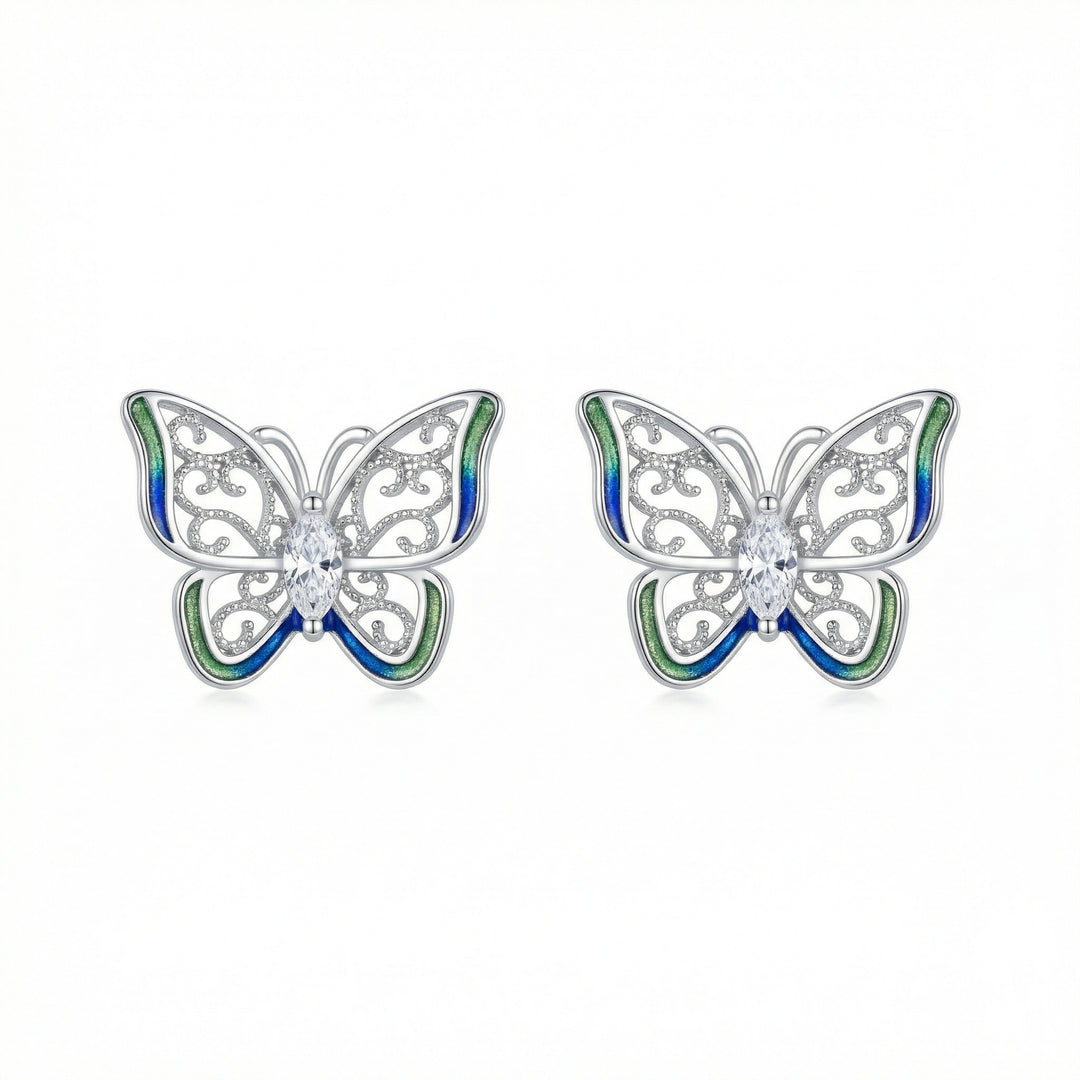 ✨ 925 Sterling Silver Butterfly Stud Earrings with Blue-Green Enamel & Marquise Zirconia ✨