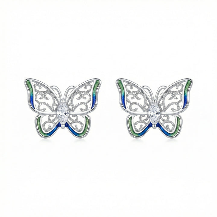 ✨ 925 Sterling Silver Butterfly Stud Earrings with Blue-Green Enamel & Marquise Zirconia ✨