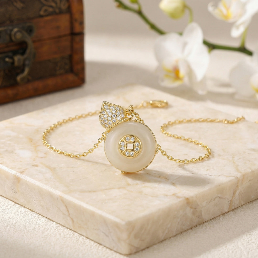 925 Sterling Silver White Gemstone Hulu Pendant Necklace – Sparkling Accents with Traditional Coin Motif