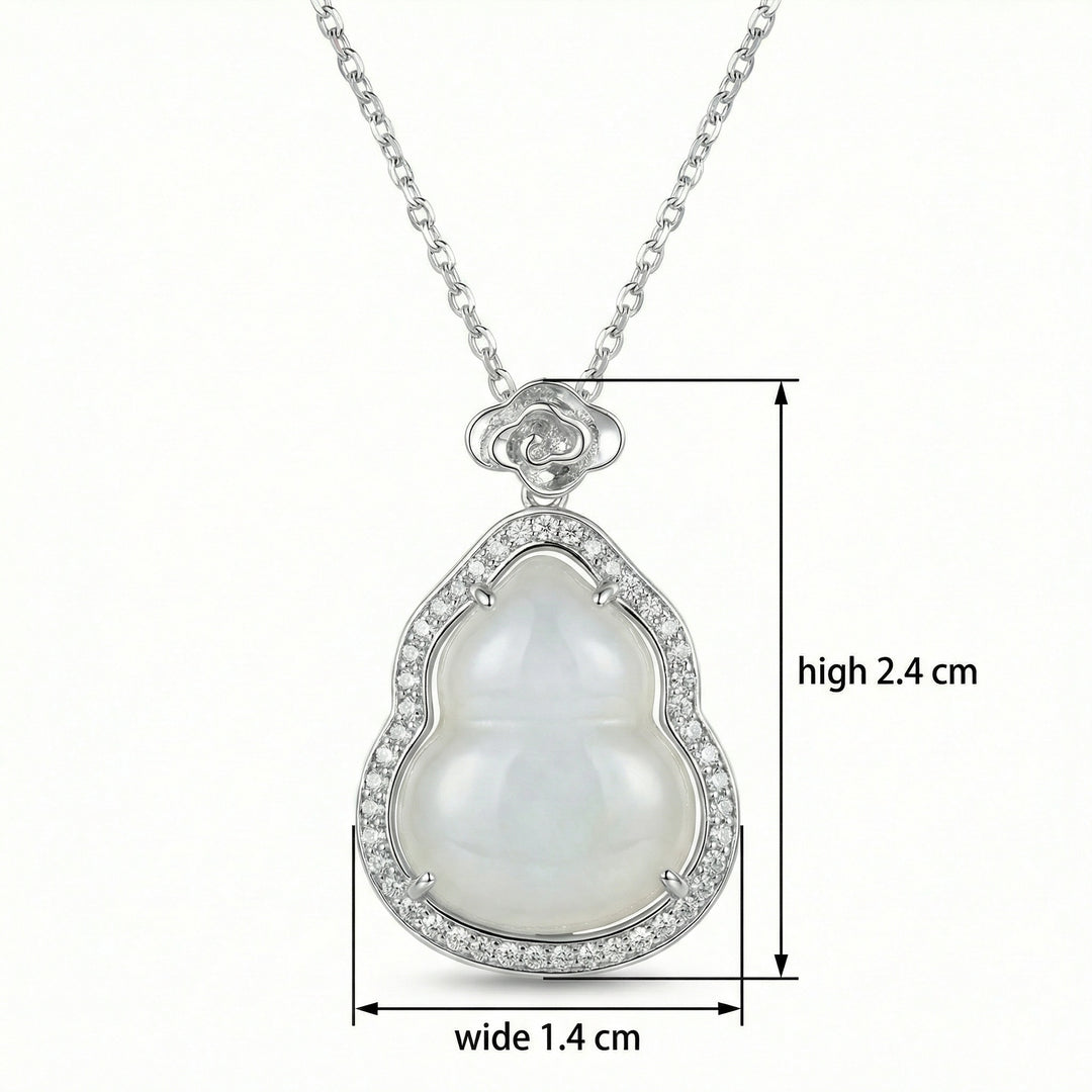 925 Sterling Silver White Jade Gourd Pendant Necklace – Elegant Design with Shimmering Stone Halo