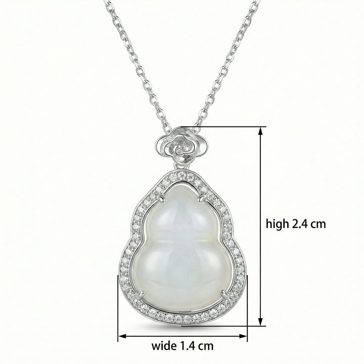 925 Sterling Silver White Jade Gourd Pendant Necklace – Elegant Design with Shimmering Stone Halo