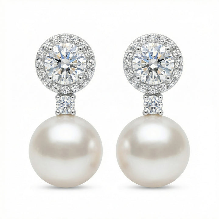 925 Sterling Silver Round Diamond Halo and White Pearl Drop Earrings