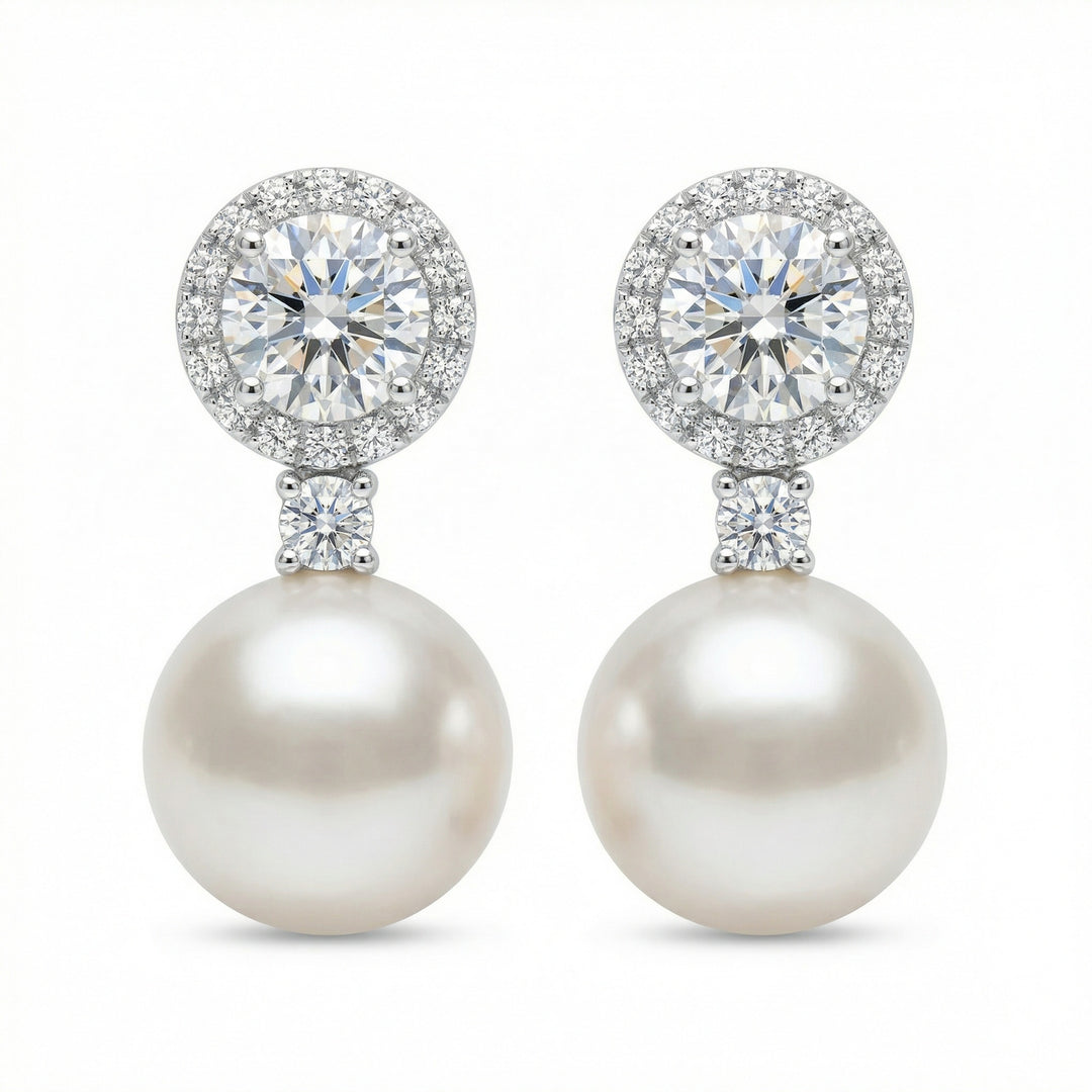 925 Sterling Silver Round Diamond Halo and White Pearl Drop Earrings