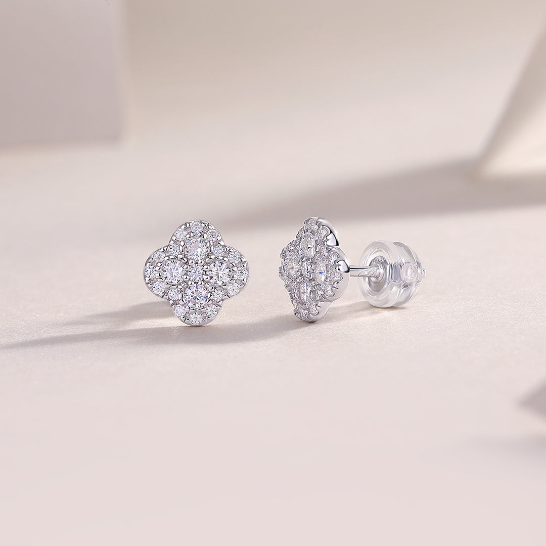 Lucky Four-Leaf Clover Moissanite Earrings – Platinum-Plated S925 Silver