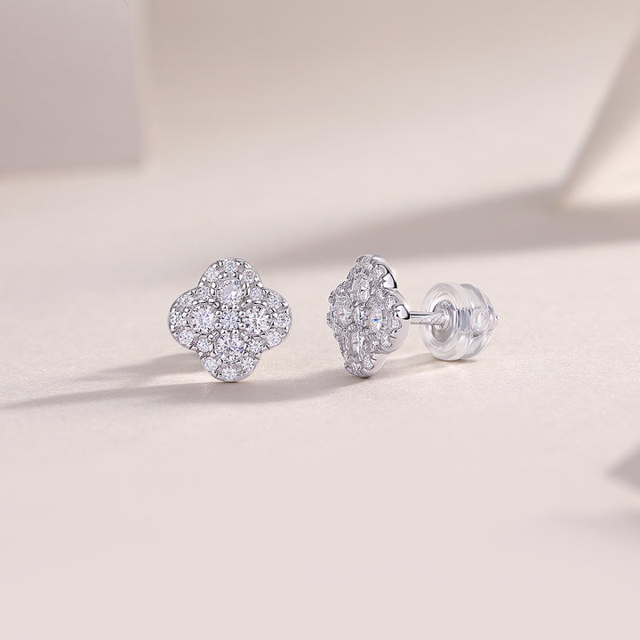 Lucky Four-Leaf Clover Moissanite Earrings – Platinum-Plated S925 Silver