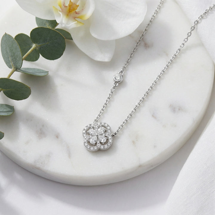 ✨ 925 Sterling Silver Radiant Diamond Clover Pendant Necklace with Sparkling Bezel-Set Accent Station ✨