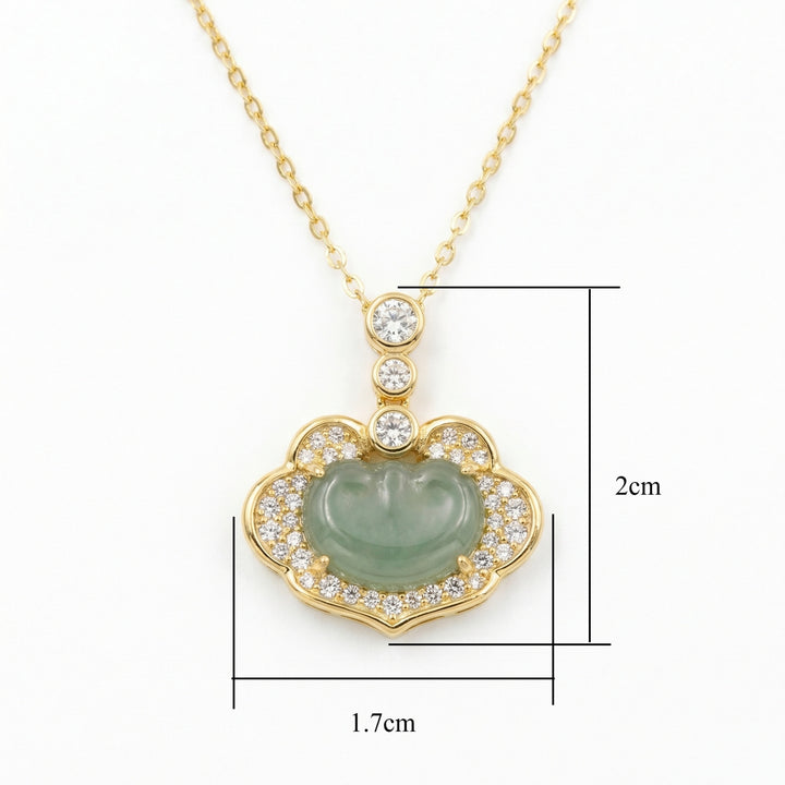 925 Sterling Silver Exquisite Green Jadeite Ruyi Pendant Necklace with Brilliant Diamond Accents