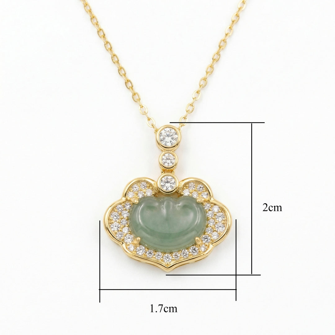 925 Sterling Silver Exquisite Green Jadeite Ruyi Pendant Necklace with Brilliant Diamond Accents