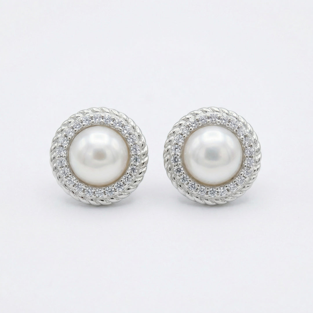 ✨ 925 Sterling Silver White Pearl Halo Stud Earrings with Twisted Rope Detail ✨