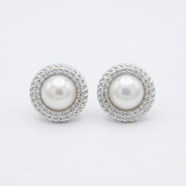 ✨ 925 Sterling Silver White Pearl Halo Stud Earrings with Twisted Rope Detail ✨