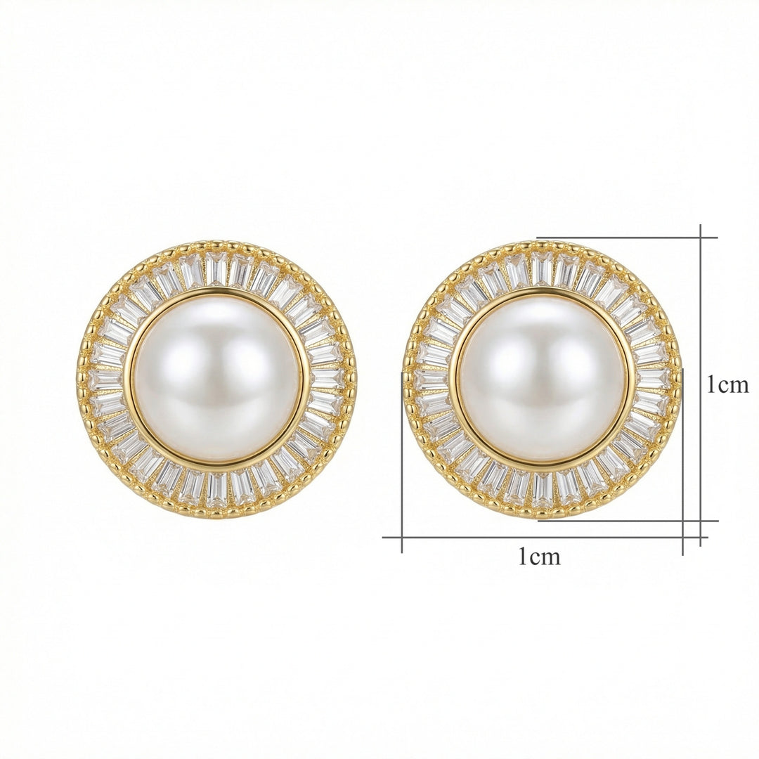 ✨ 925 Sterling Silver Round Pearl Stud Earrings with Baguette Crystal Halo ✨