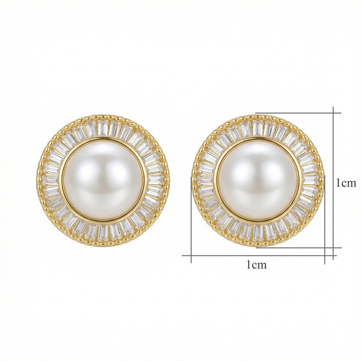 ✨ 925 Sterling Silver Round Pearl Stud Earrings with Baguette Crystal Halo ✨