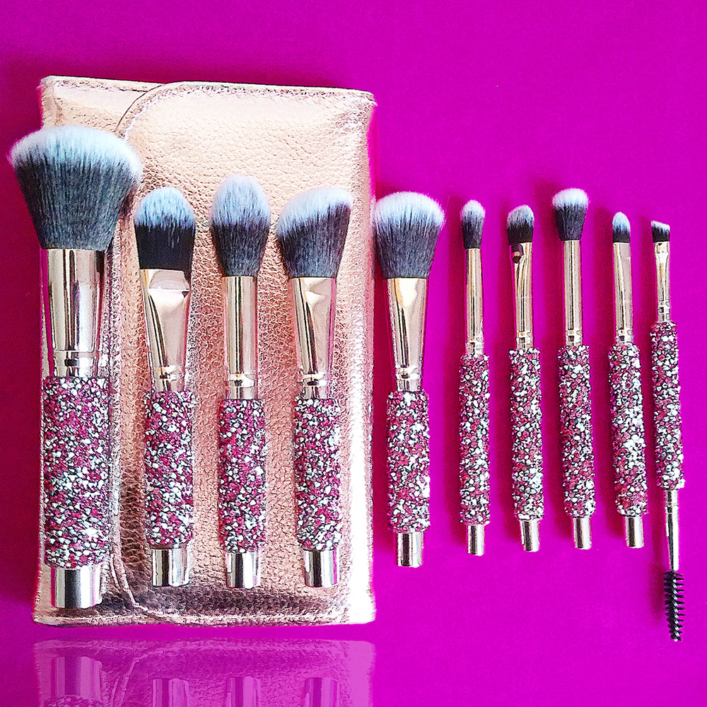 10-in-1 Diamond Inlaid Makeup Brush Set – Rhinestone Pink Professional Brushes with Storage Bag 💄✨