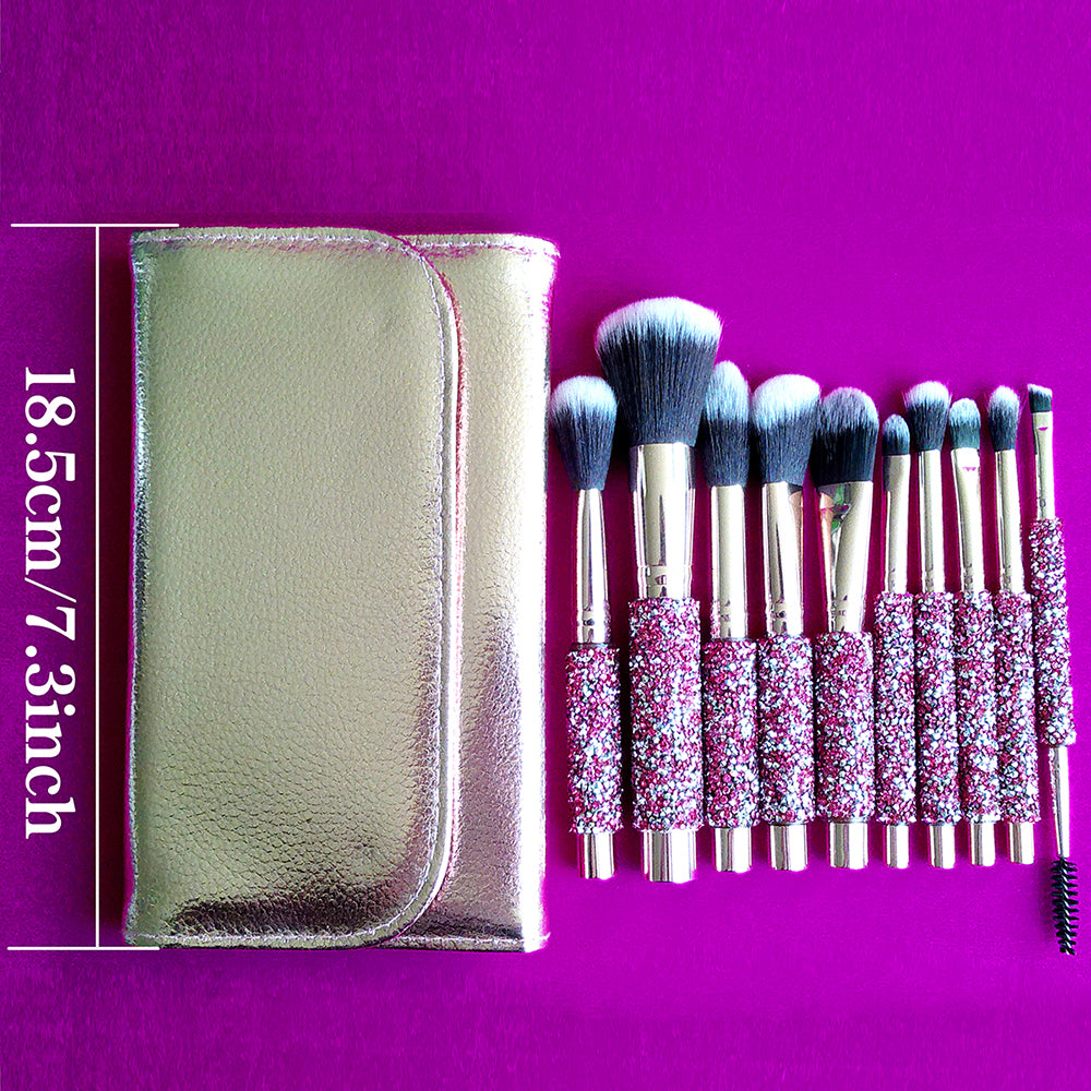10-in-1 Diamond Inlaid Makeup Brush Set – Rhinestone Pink Professional Brushes with Storage Bag 💄✨
