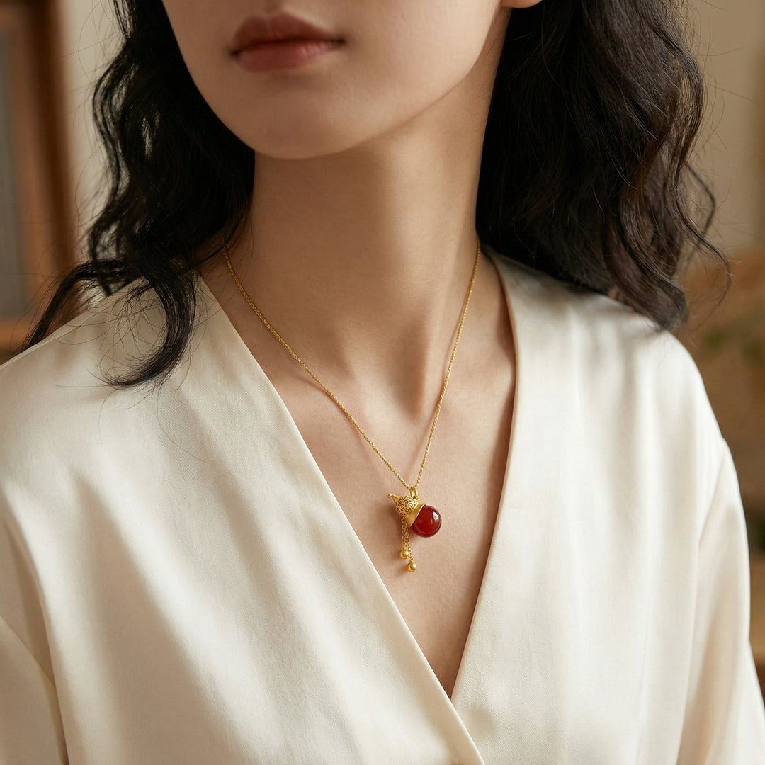 925 Sterling Silver Red Carnelian Wu Lou Pendant
