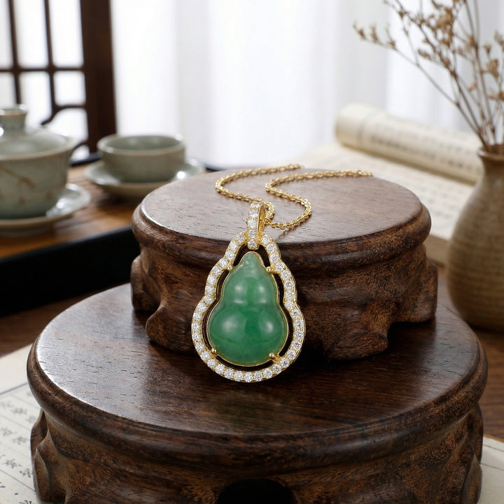 925 Sterling Silver Green Jade Hulu Pendant Necklace with Diamond Halo