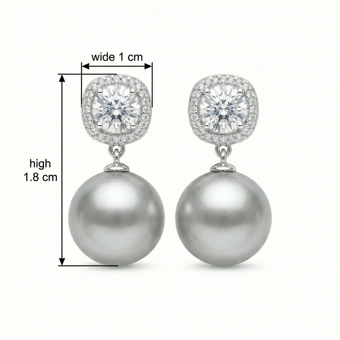 ✨ 925 Sterling Silver Grey South Sea Pearl & Cushion Diamond Halo Drop Earrings ✨