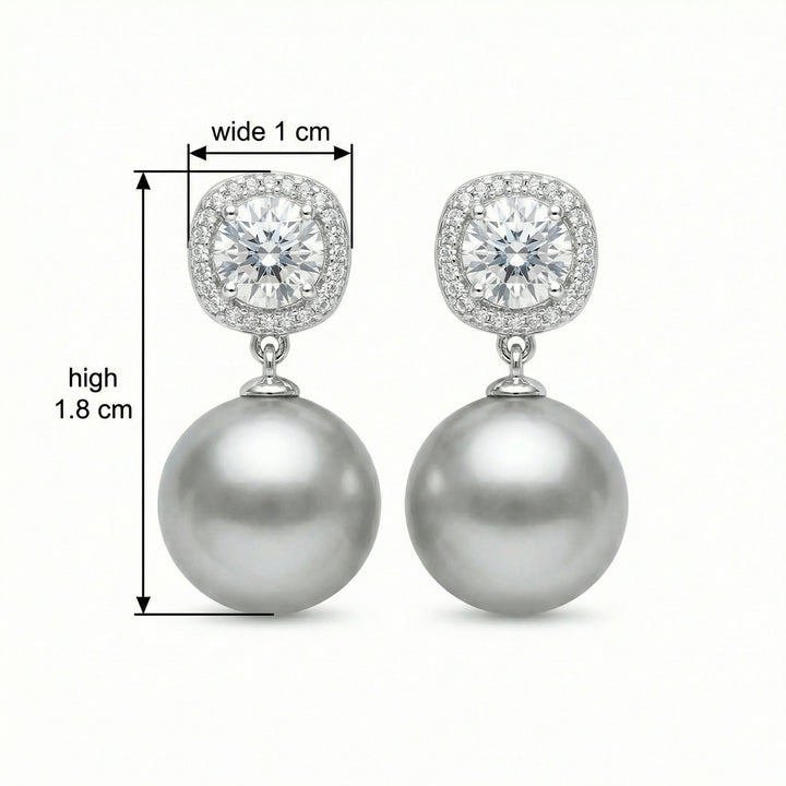 ✨ 925 Sterling Silver Grey South Sea Pearl & Cushion Diamond Halo Drop Earrings ✨