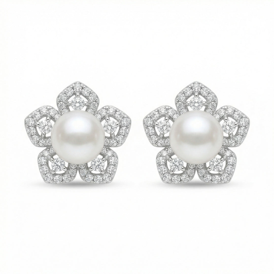 ✨ 925 Sterling Silver Floral White Pearl & Diamond Petal Stud Earrings ✨