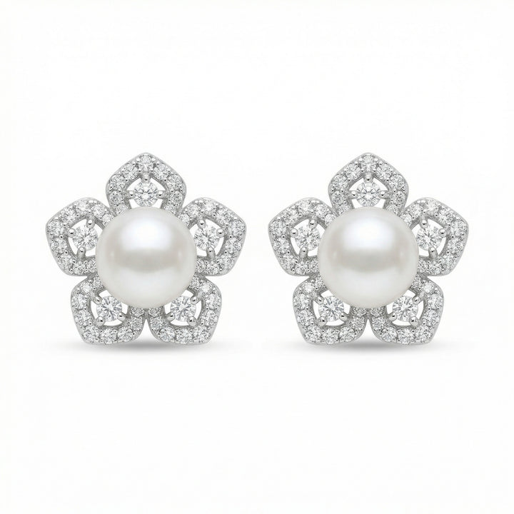 ✨ 925 Sterling Silver Floral White Pearl & Diamond Petal Stud Earrings ✨