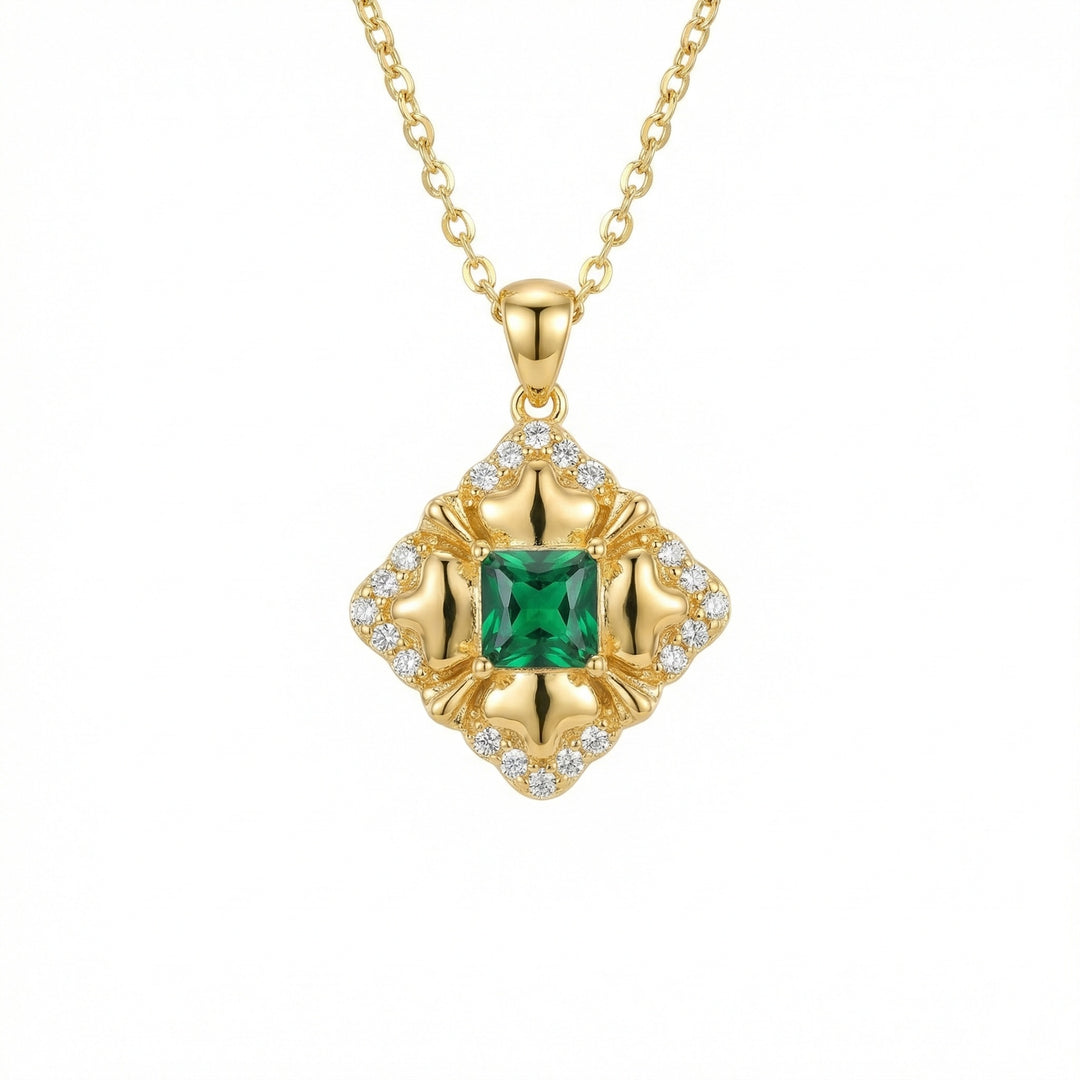 925 Sterling Silver Green Square Gemstone Pendant Necklace with Crystal Halo Accents – Vintage-Inspired