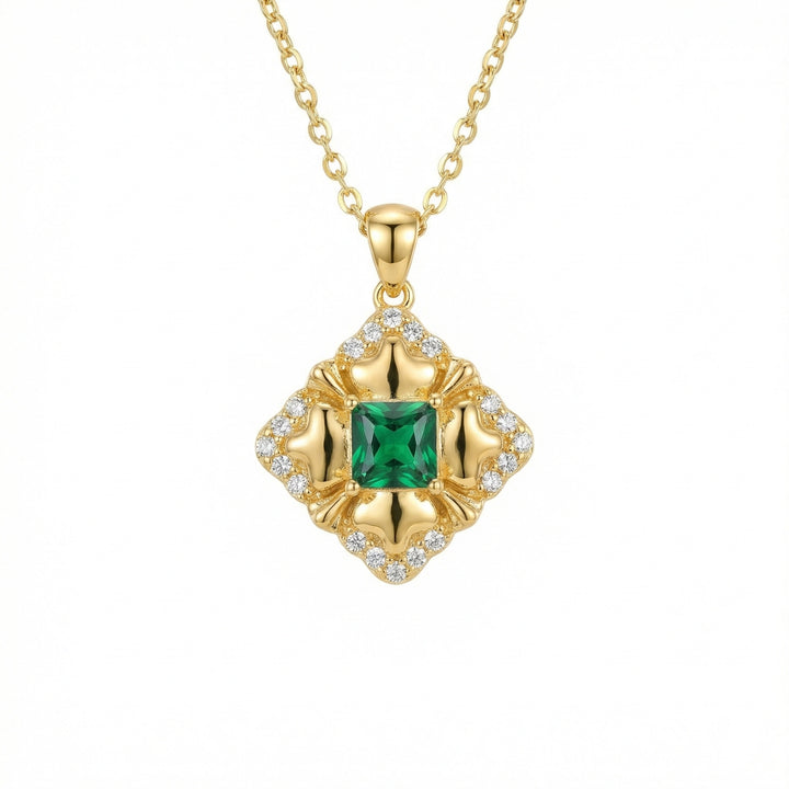 925 Sterling Silver Green Square Gemstone Pendant Necklace with Crystal Halo Accents – Vintage-Inspired