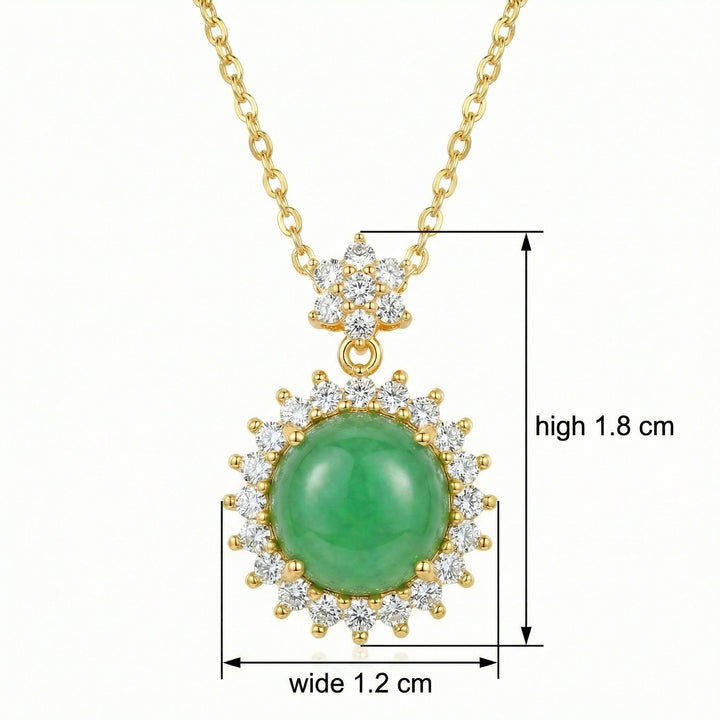 ✨ 925 Sterling Silver Elegant Jadeite Cabochon Halo Pendant Necklace with Floral Accents ✨