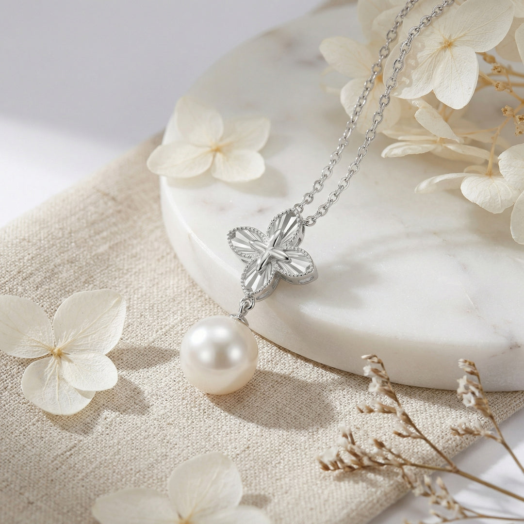 ✨ 925 Sterling Silver Four-Petal Flower Necklace with White Pearl ✨